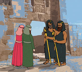 Isaak and Rivka at the Charan gate with the town gate-keepers.